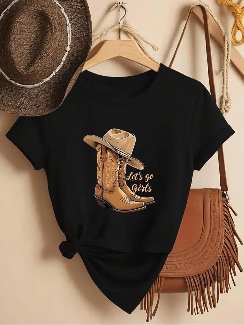 Product Introduction of Women's Letter & Cowboy Hat Print Round Neck Graphic Tee, Vintage Trendy Casual Short Sleeve T-shirt for Daily Wear, Ladies Summer Clothes, Western Clothing 6