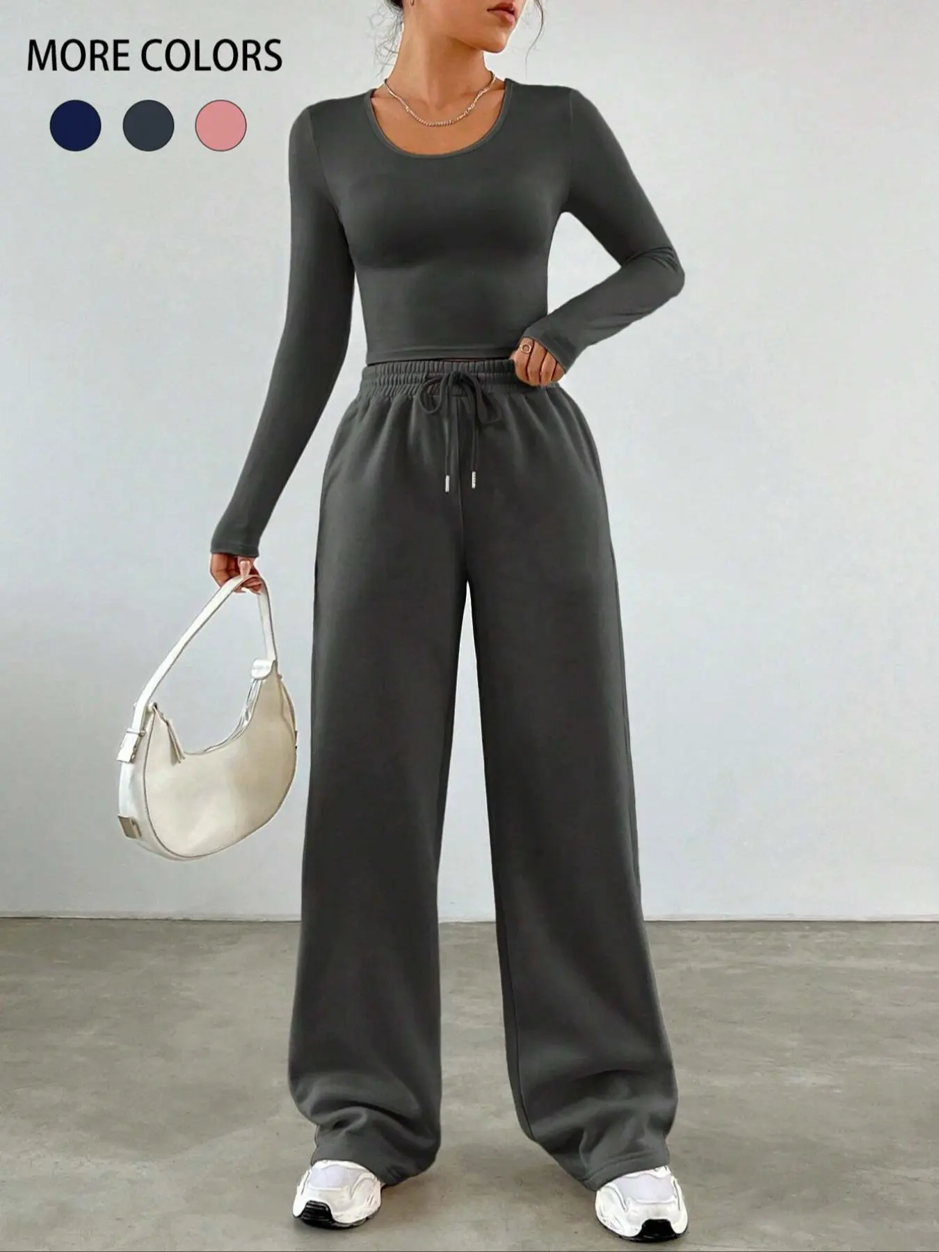 Two-Piece Set Women's Solid Color Long Sleeve Crop Tee & Drawstring Waist Pants, Casual Round Neck Top & Elastic Waist Trousers 2 Piece Set for Spring & Fall, Women's Clothes for Daily Wear