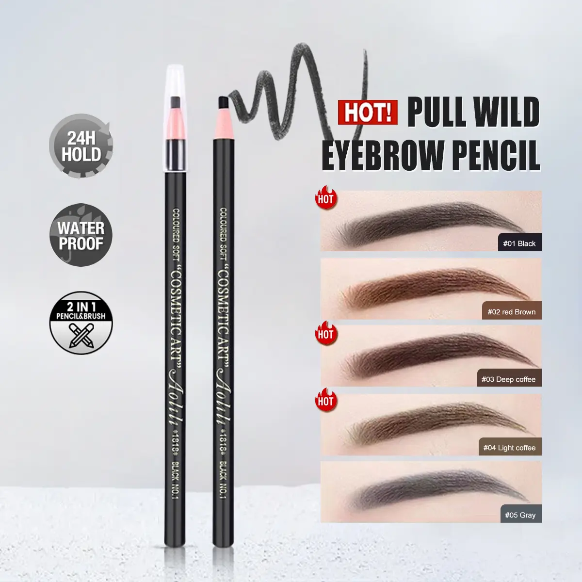 Aurilli Cable Eyebrow Pen Waterproof Sweat Proof Non-blooming Silky Wood Very Fine Eyebrow Pencil 5 Color Long-Lasting Eye Makeup