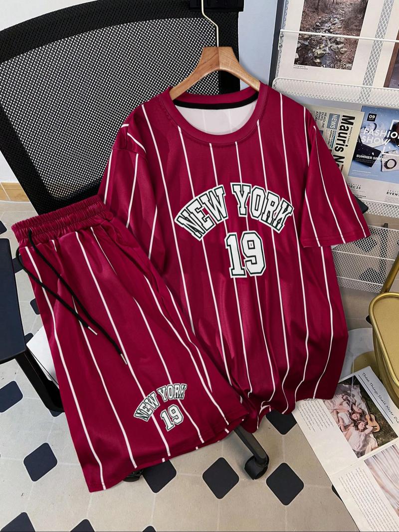 Product Introduction of Two-Piece Set Men's Letter Print Short Sleeve Crop Tee & Striped Print Shorts, Regular Fit Round Neck T-shirt & Track Shorts, Casual Summer Clothes Set for Outdoor 2