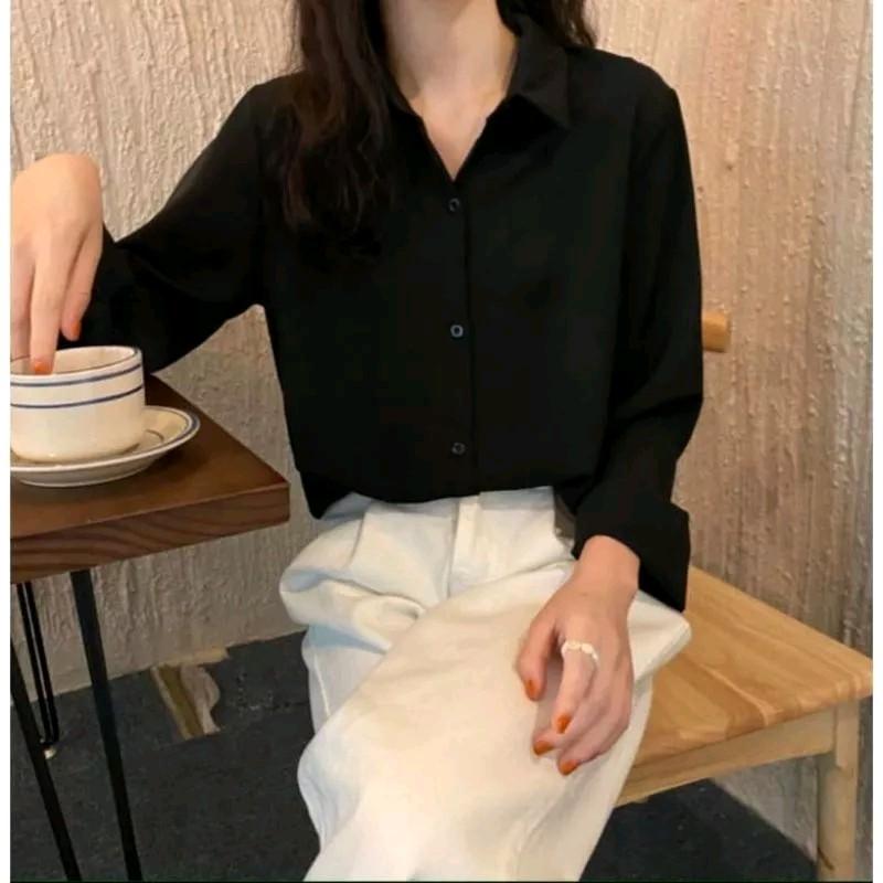 Atasan Kemeja Wanita Polos Lengan Panjang Honey Shakila Twill Oversize Dewasa Cewek Hitam Baju Casual 2