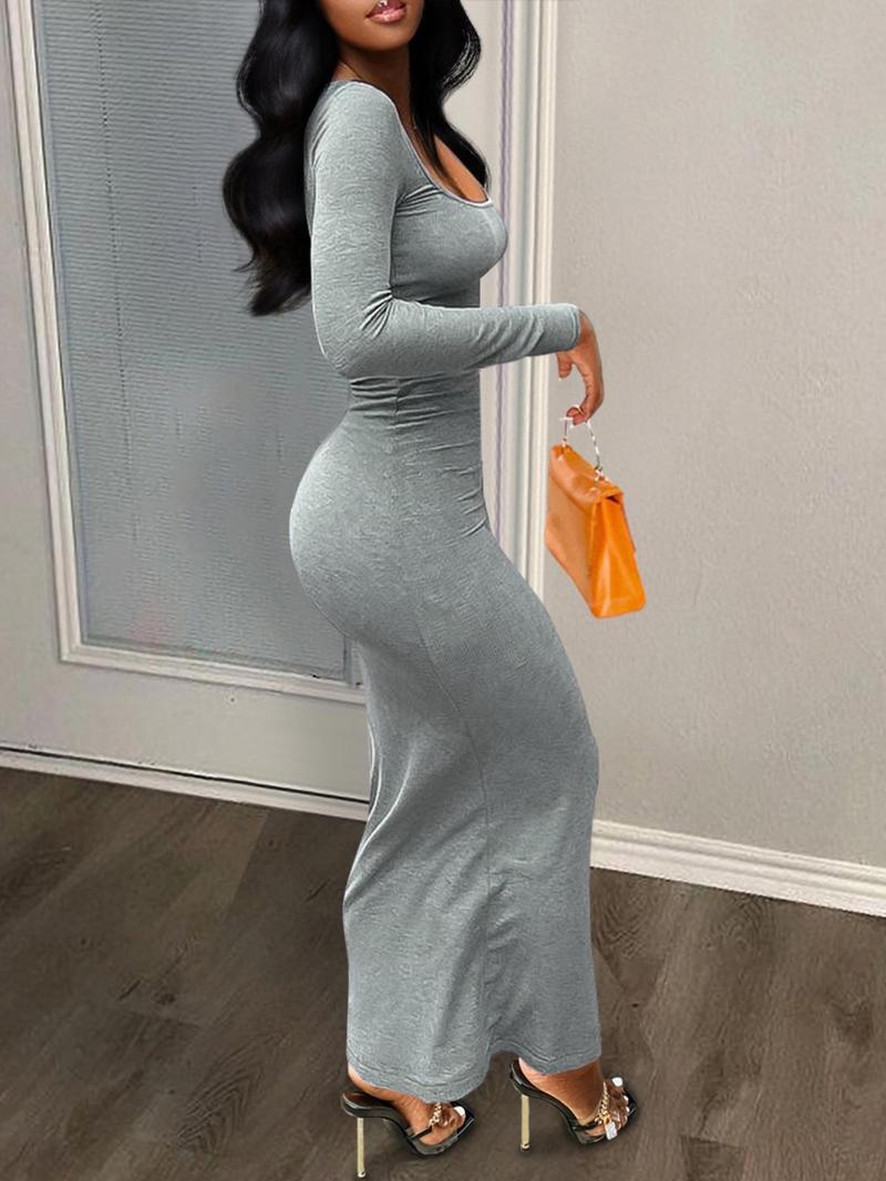 Product Introduction of Women's Solid Color U Neck Bodycon Dress, Casual Fashion Long Sleeve Dress for Daily Outdoor Wear, Ladies Clothes for All Seasons 6