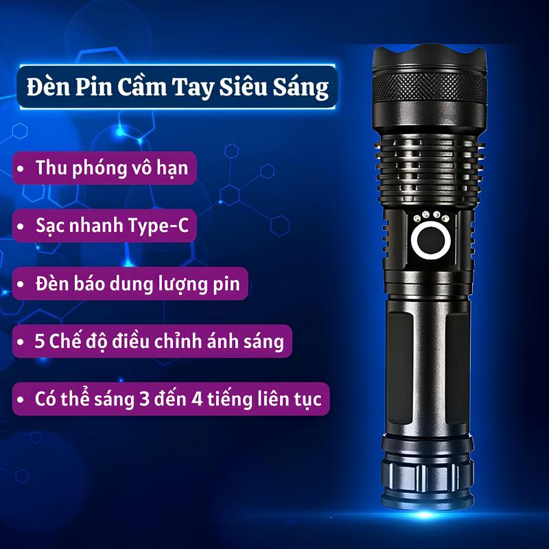  Đèn Pin Bão cầm tay XP78 - Pin 5000mah chiếu xa từ 500m trở lên - Zoom xa gần - chống nước - phụ kiện kèm theo  sạc type c theo đèn không bảo hành đèn pin đèn di động  nhựa siêu bền chạy bằng pin den cam đèn  dự 