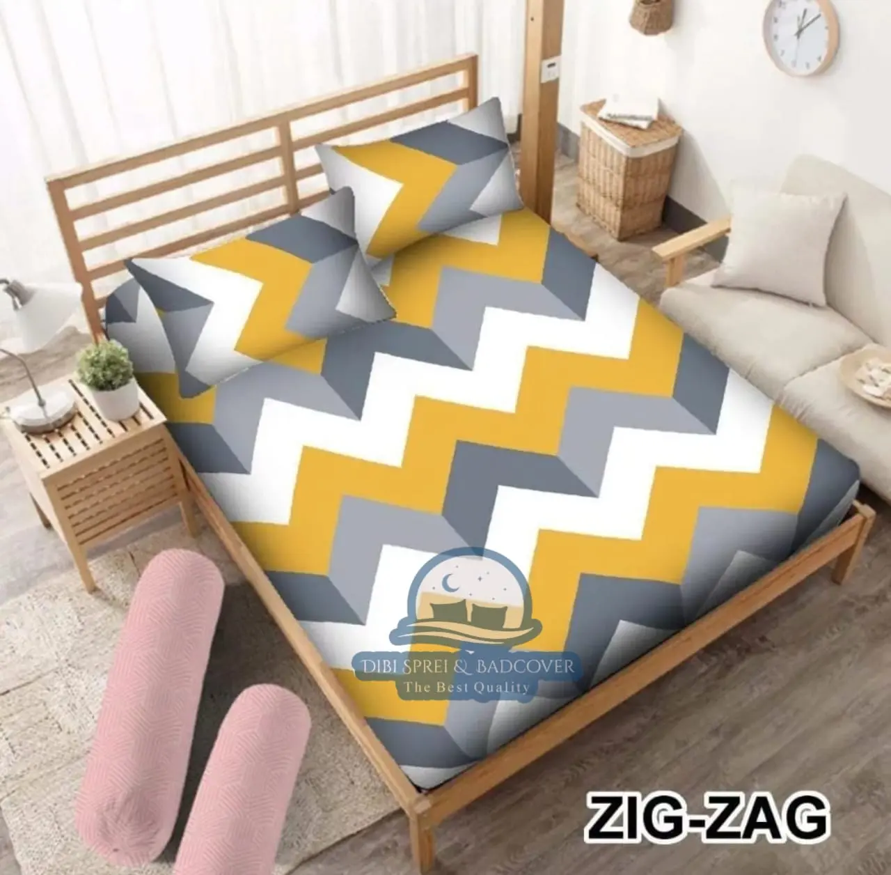 Sprei Aesthetic Terbaru Zig Zag Yellow Ukuran King Size 180 x 200 Bahan Katun Tidak Luntur Free Sarban dan Sargul