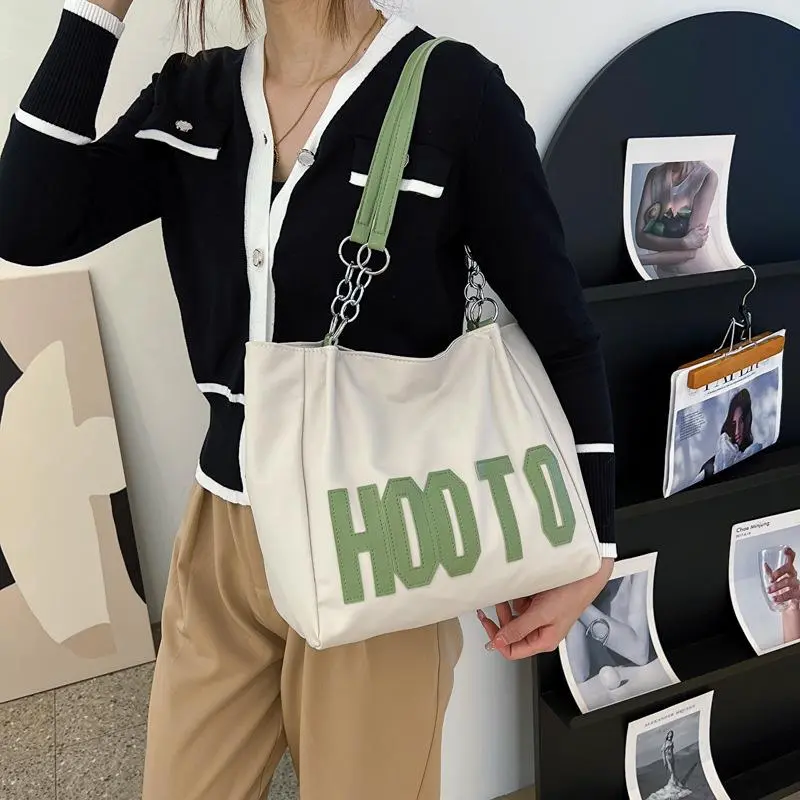 Túi đeo vai da lộn Hooto Túi Xách Vải Canvas Kích Cỡ Lớn Thời Trang Dành Cho Nữ Bag Tote Chữ Nhật Kem