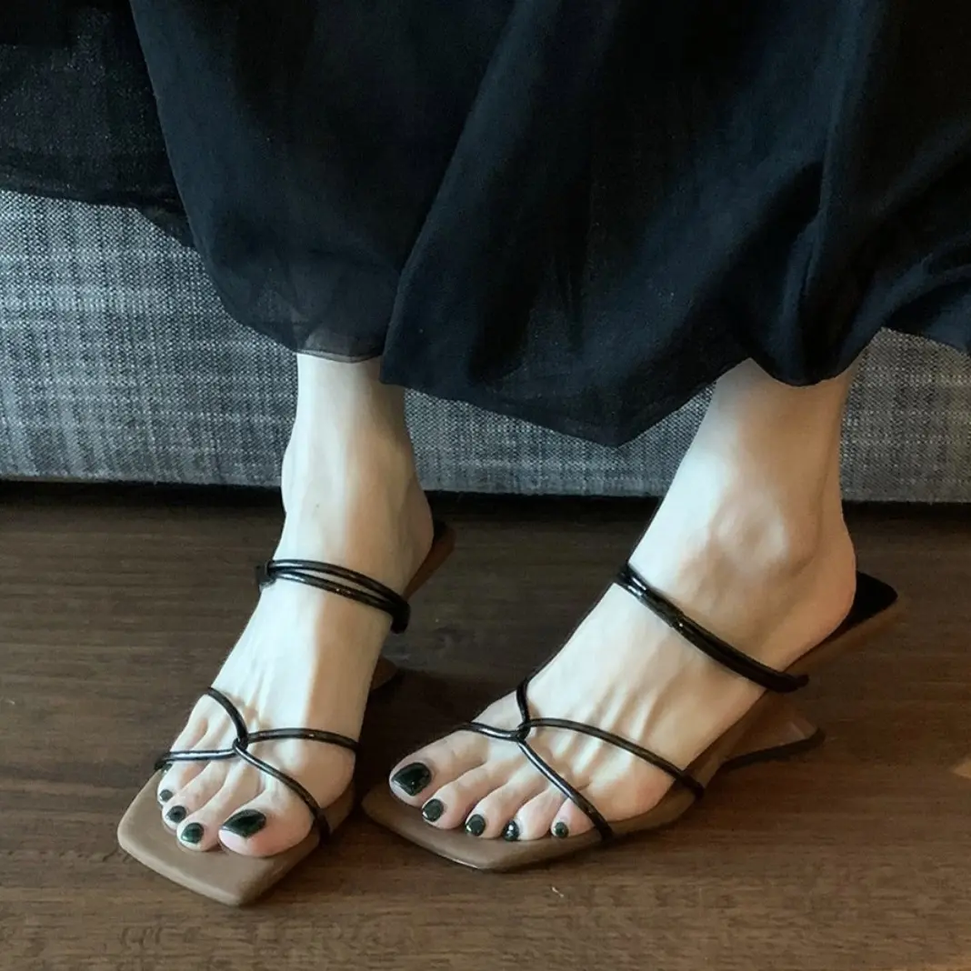 Dép cao gót Sandal nữ đế xuồng dây 5 ly chéo mũi VUÔNG 789 cao 5 cm