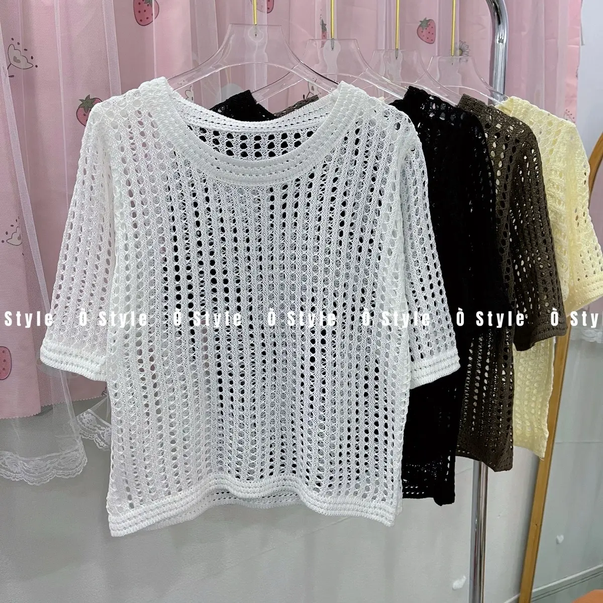 [AL085] Áo lưới mỏng dệt kim tay ngắn cổ tròn  Nữ Top Nhung Women Kim Tuyến