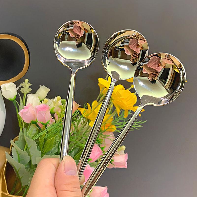 Product Introduction of Stainless Steel Round Spoon Fork Net Red Golden Dinner Long Handle Stirring Dessert Spoons For Kitchen Accessories Gadgets 18