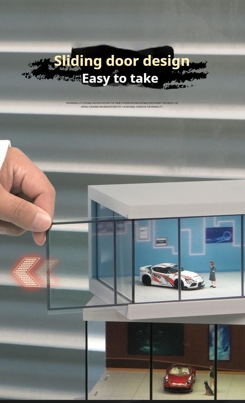 Product Introduction of Alloy die-cast car parking lot model, suitable for 1:64 scale car models, simulated garage scene, highly transparent dust-proof box, with lights, assembly model, for storing car models, for decoration and collection, a gift for boys 8