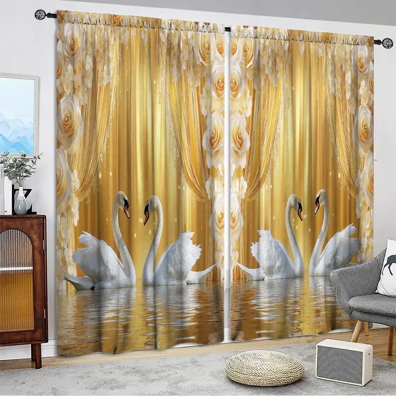 Swan Pattern Door Curtain, 1 Set Exquisite Printing Door Curtain with Tie Rope, Home Decor for Living Room Bedroom Hotel Bathroom 7