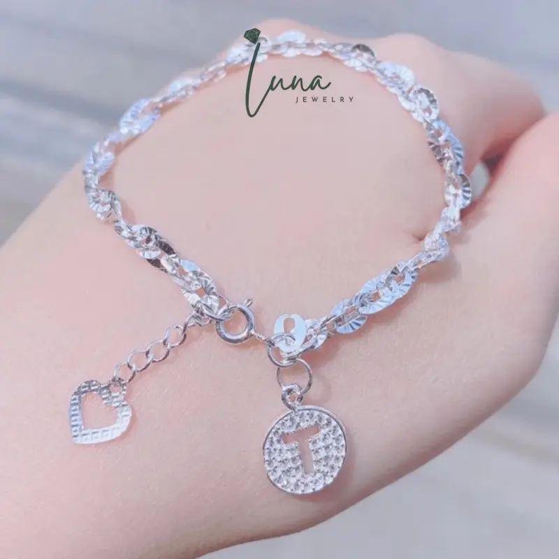 Lắc tay xoắn bạc ta phay sáng bóng mix treo charm chữ cái theo tên, vòng tay  nữ, thời trang nữ,  Phụ Kiện women Trang Sức Women Hoa L0002 1
