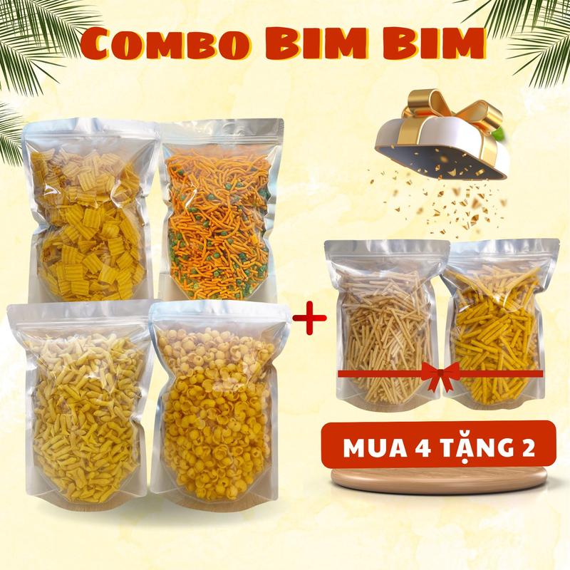 COMBO BIM BIM 4 TẶNG 2: Bim Mái Tôn - Bim Xương Chó - Tăm Que Đậu - Bim Cá Tặng kèm 2 túi bim: Ngó Sen Xóc Tiêu - Ngó Sen Phô Mai - ĐỒ ĂN VẶT Minh Nguyệt Foods Snack Thức Ăn