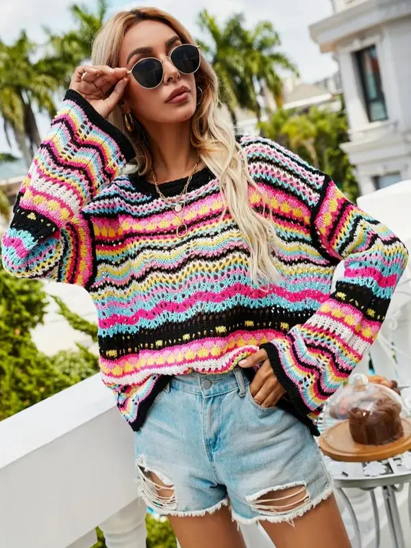 Women's Colorful Striped Print Hollow Out Drop Shoulder Sweater, Chic Elegance Casual Breathable Long Sleeve Round Neck Pullover Jumper for Spring & Fall, Sweater for Women, Sweaters for Women, Fashion Women's Knitwear for Daily Wear 0