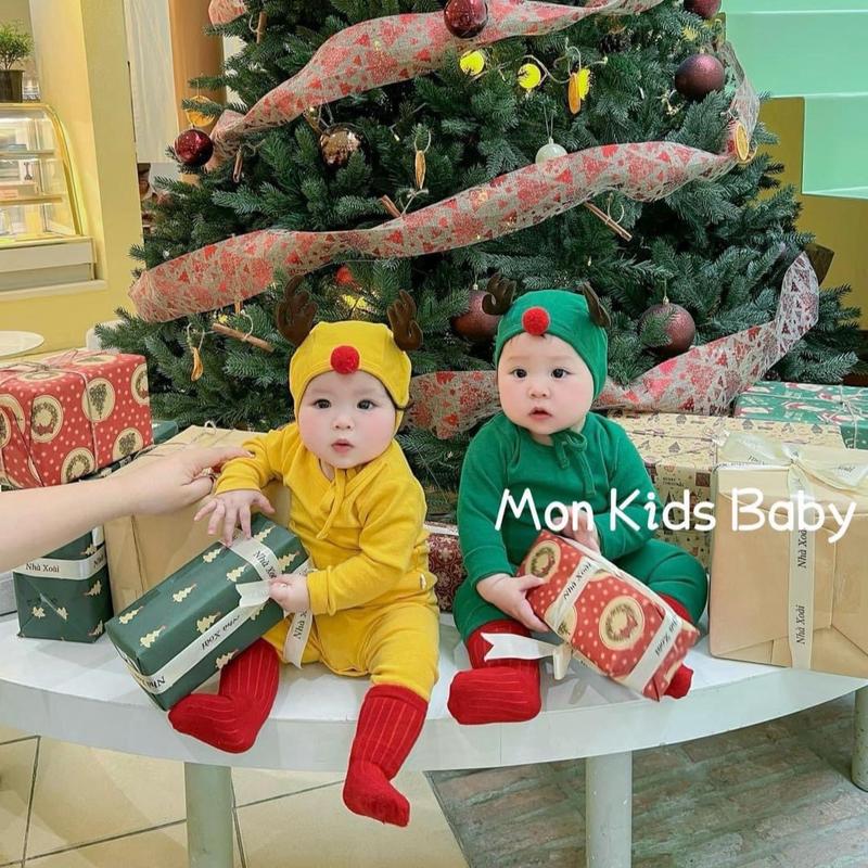 Mon Kids Baby Body tuần lộc 3 chi tiết kèm tất đỏ cho bé trai & bé gái 3-12kg Vải Cotton mặc đầy tháng - đi chơi - thôi nôi - chụp ảnh Jumpsuit