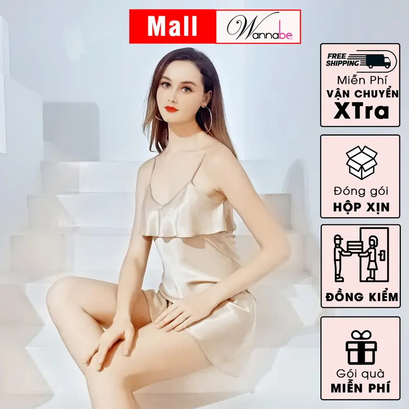 Đầm ngủ lụa WANNABE váy ngủ 2 dây phối bèo ngực che vòng 1 kín đáo nhưng vẫn nữ tính mang lại vẻ xinh tươi cho bạn gái Women Dress Kem Nhung dam ngu lua phi DNS05 0