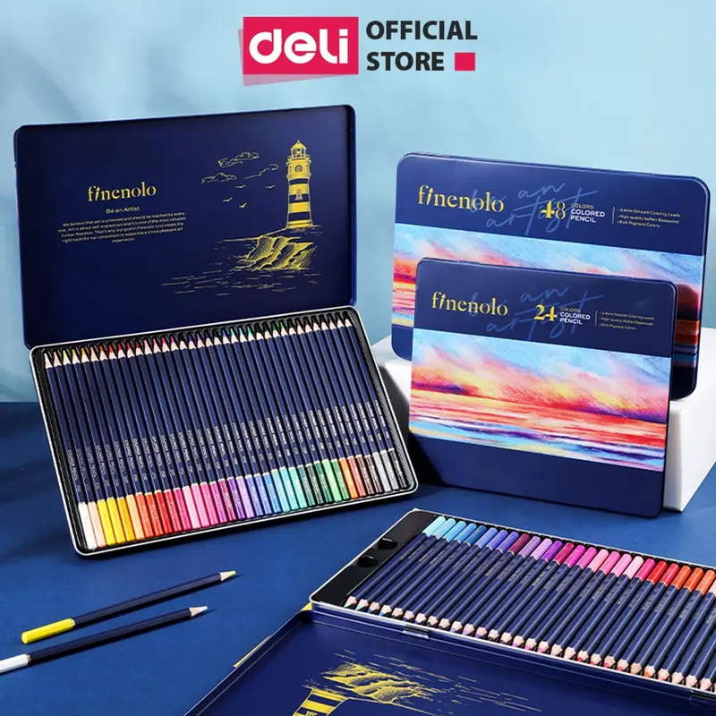 Bút chì màu gốc dầu Finenolo x Deli - 24/36/48/72 màu - Hộp màu chì thiếc chuyên nghiệp tô màu mịn kín giấy tông màu tươi sáng bản nâng cấp