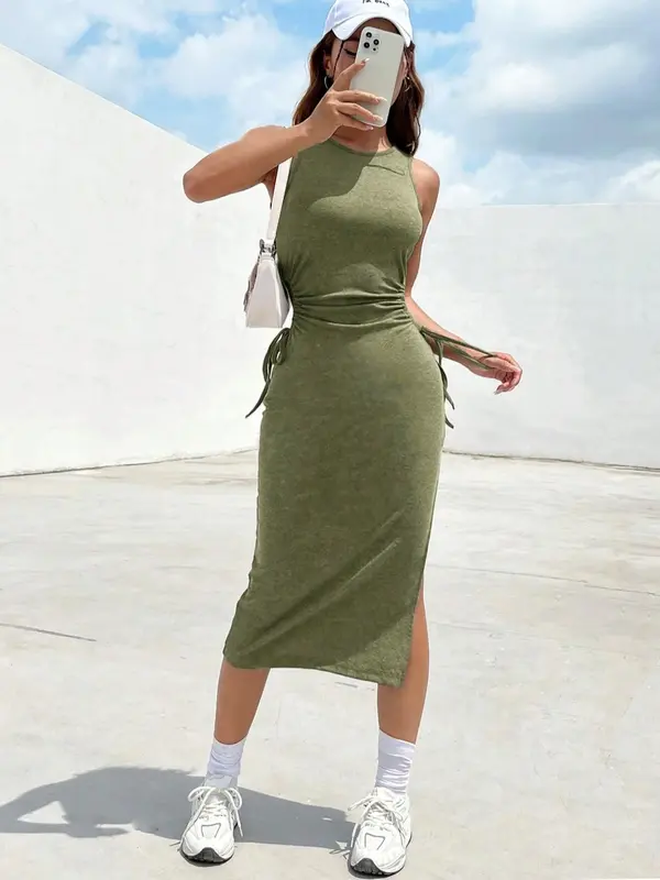 Women's Plain Cut Out Ruched Split Thigh Bodycon Tank Dress, Casual Drawstring Sleeveless Round Neck Midi Dress for Summer, Fashion Women's Dress for Beach Holiday 2