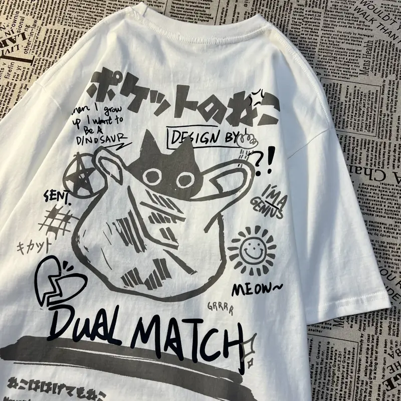 High quality daily necessities! Short sleeved t-shirt, American retro top, pocket cat retro short sleeved design, printed t-shirt, pure cotton top, missing lower body, loose top, short sleeved shirt