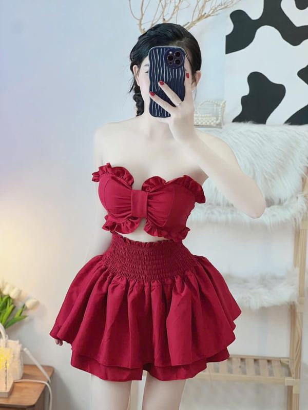 Set đồ nữ sang chảnh áo ống croptop nhún có mút body kèm chân váy ngắn có quần tôn dáng - U009 - ️1997S Designer set  áo set  váy set  áo bộ  thom