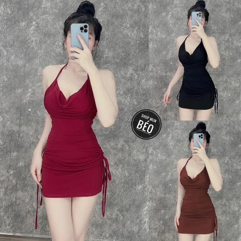 Đầm body 2 dây buộc cổ có mút dây rút sườn vải thun dẻo co giãn thích hợp mặc đi làm đi chơi đi tiệc
