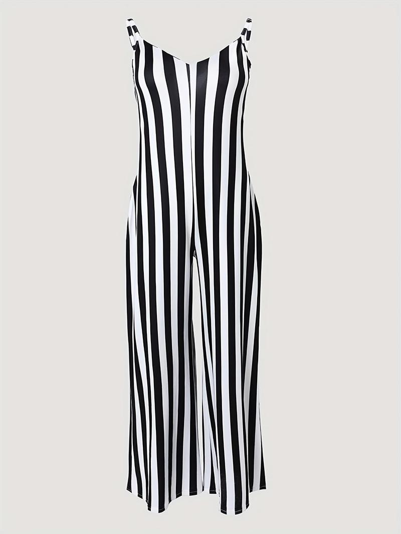 Product Introduction of Women's Striped Print Pocket Backless Wide Leg Cami Jumpsuit, Casual Adjustable Strap V Neck Jumpsuit for Summer, Ladies Clothes for Daily Wear 5