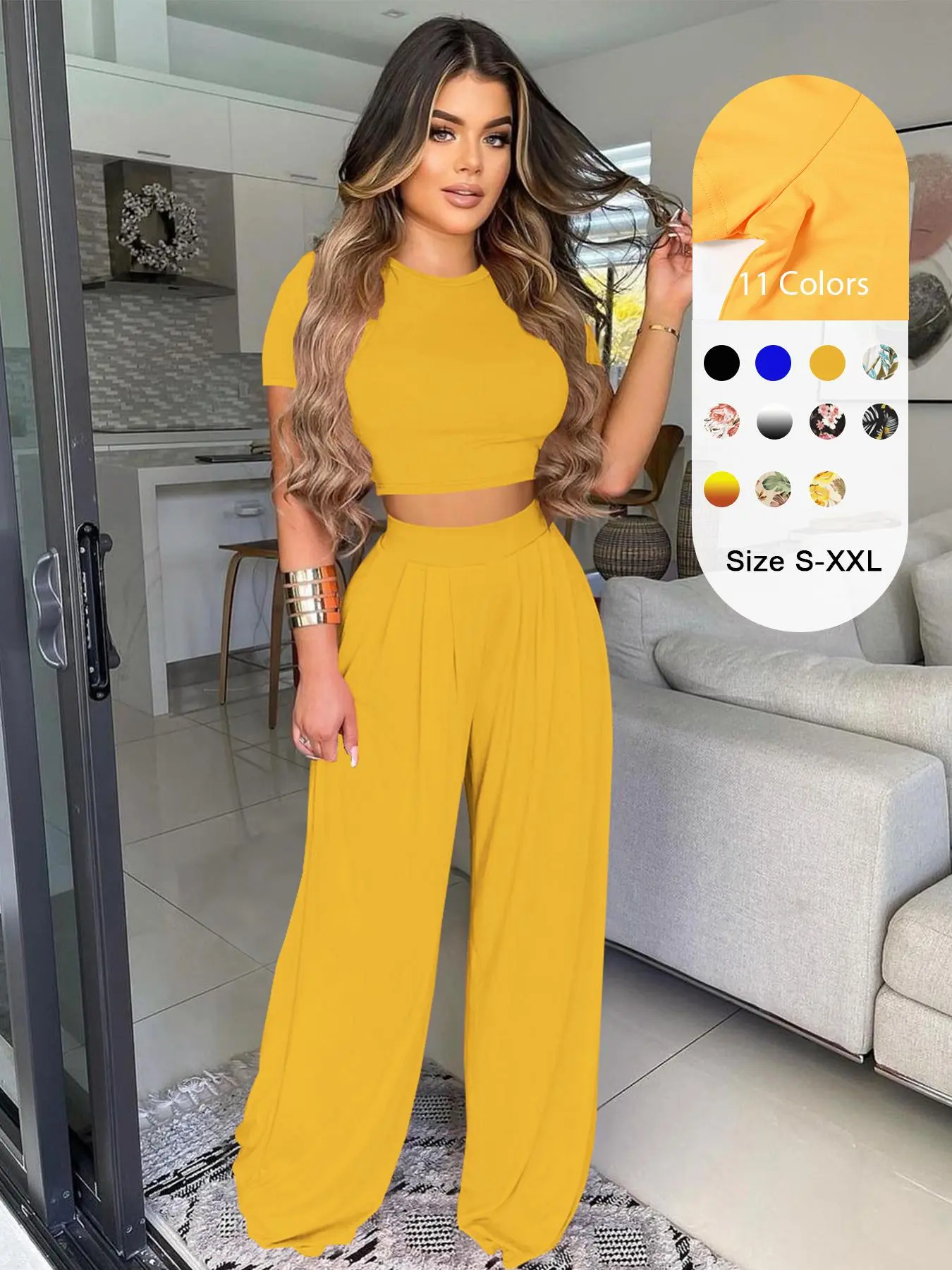 Two-Piece Set Women's Solid Short Sleeve Crop Top & High Waist Plicated Pants Set, Casual Round Neck Tee & Wide Leg Trousers For Summer, Ladies Clothes For Daily Wear