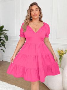 【Plus Size】 Plain Frill Trim Shirred Dress, Plus Casual Puff Sleeve Dress for Daily Wear, Women Plus Clothing for All Seasons