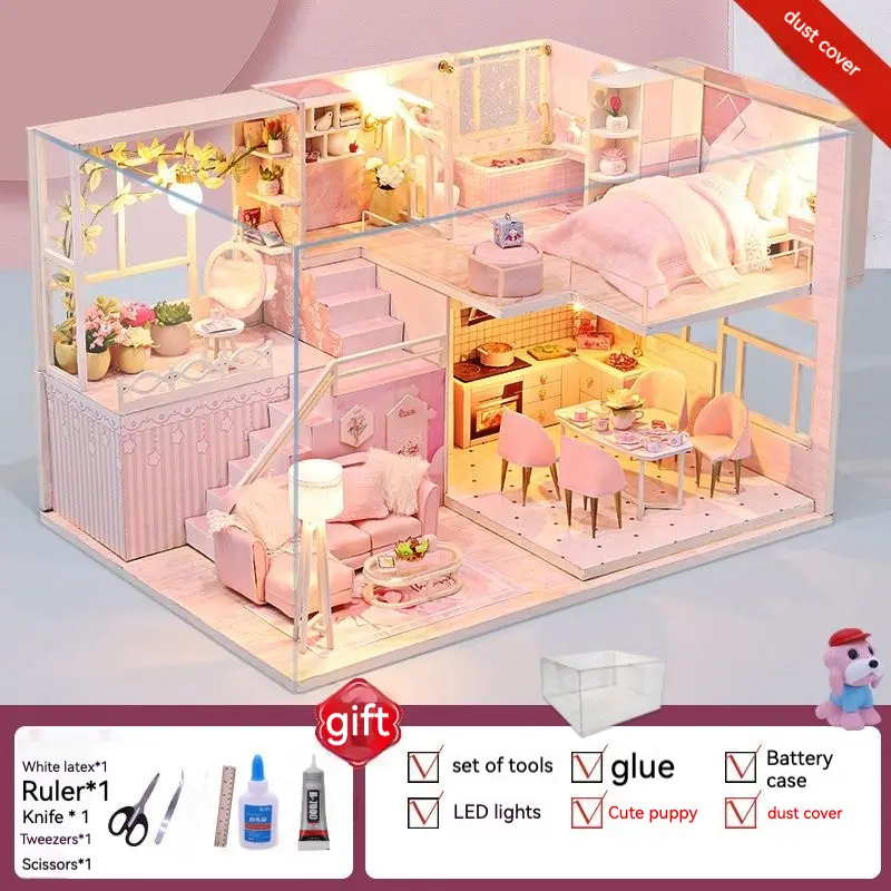 บ้านวิลล่าไม้ประกอบแฮนด์เมด DIY ไม้ โมเดลกระท่อม ของขวัญสร้างสรรค์