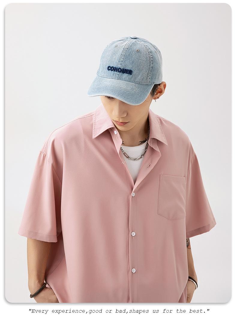 Product Introduction of Korean Men's Smooth Draping Short-Sleeved Shirt Men's Summer New Pure Color Couple Casual Loose Shirt Jacket Menswear Top Lingerie Human Oversize Plain Beige Baggy Vintage Tights Collar Collared Tropical 22