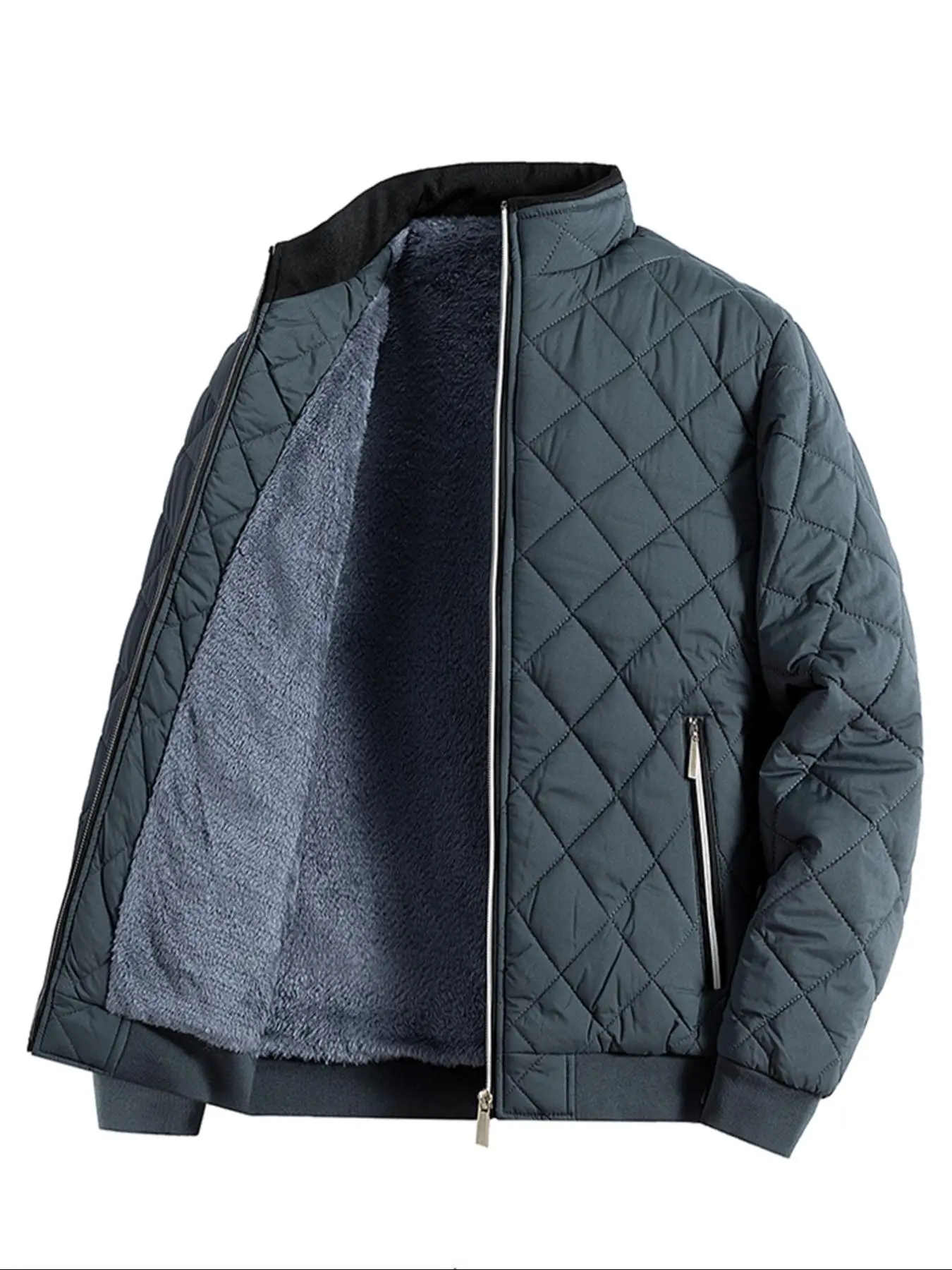 Men's Plain Quilted Zip Up Pocket Winter Coat, Regular Fit Casual Long Sleeve Stand Collar Outerwear for Winter, Men's Clothes for Daily Wear