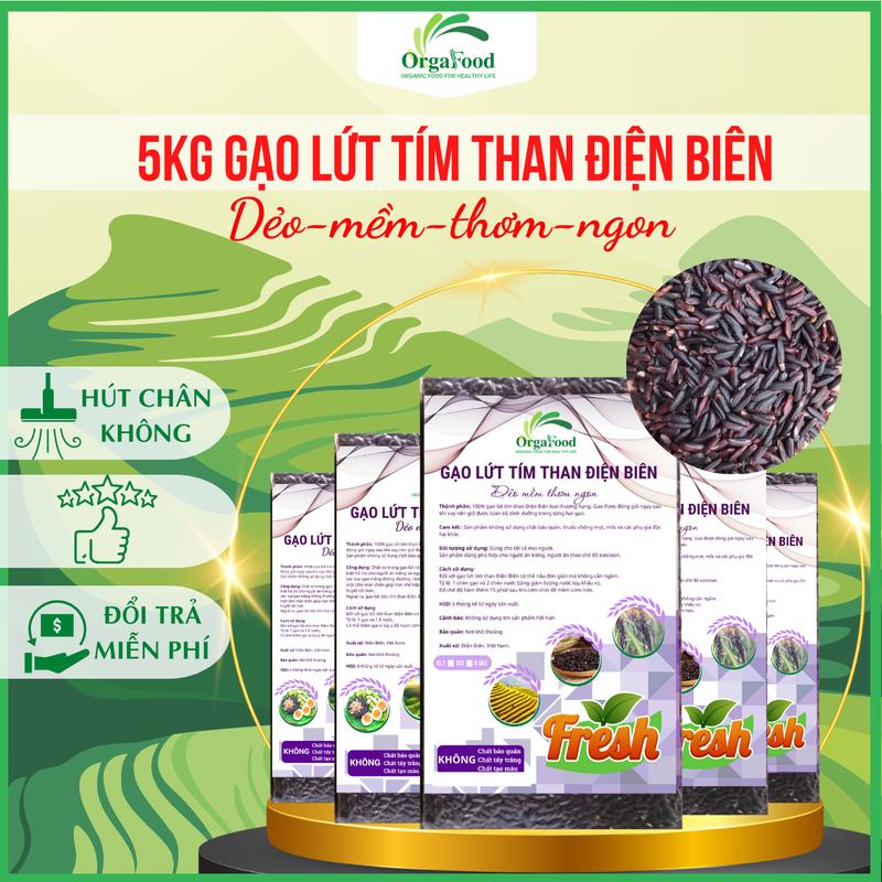 5kg Gạo lứt tím than /Đen dẻo Điện Biên không cần ngâm, gạo lức tím than Orgafood EAT CLEAN , ăn thực dưỡng, healthy