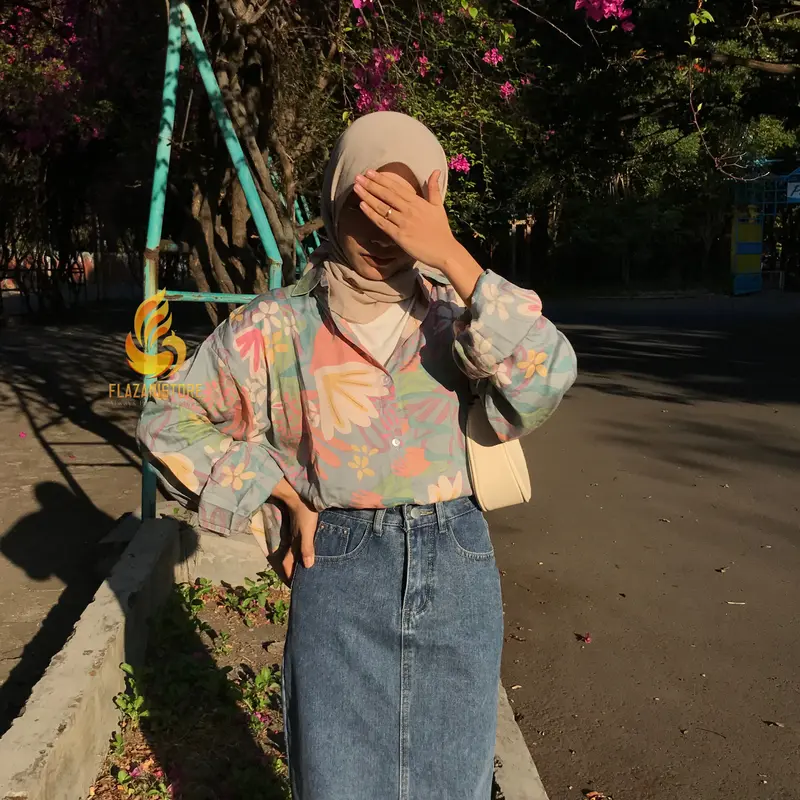 Flazani-￼Kemeja Basic Oversize Lengan Puffy Korean Style Rayon Motif New Series kemeja Jumbo Kemeja Tangan Kancing Kemeja Casual Atasan Wanita Atasan Kerja Atasan Motif Baju Viscose Panjang Katun 8