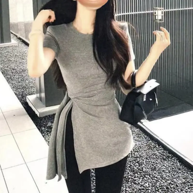 Fashion New Slim Irregular Side Slit Short Sleeved T-shirt Z509224