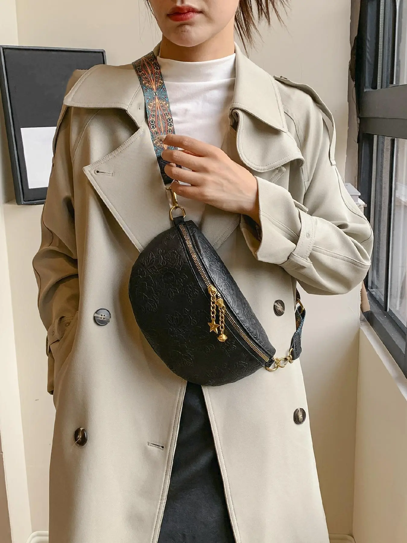 Women's Fashionable Flower Pattern Fanny Pack, Casual PU Leather Zipper Belt Bag for Daily Used, Trendy All-match Sling Pouch Bag