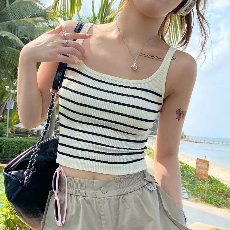 Striped Vest Women's Underwear Padded Square Collar Sling Design Sense Niche Outdoor Wear Black and White Bottoming Top Summer