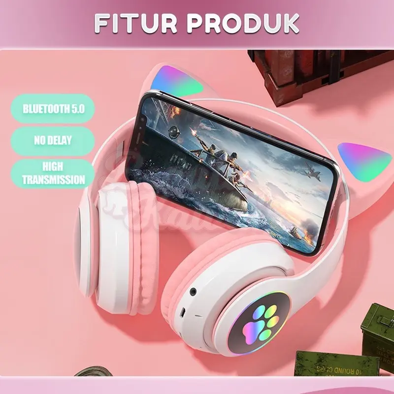 Headphone Bluetooth Kucing LED Wireless Light Kuping Rechargeable 3