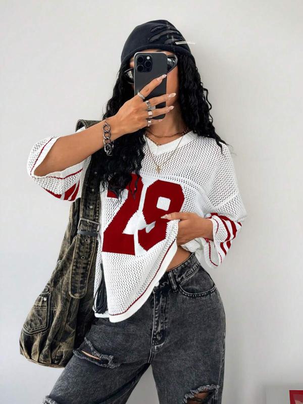 Women's Figure Print Hollow Out Sweater, Casual  V Neck 3/4 Sleeve Jumper for Summer, Fashion Women's Knitwear for Daily Wear 4