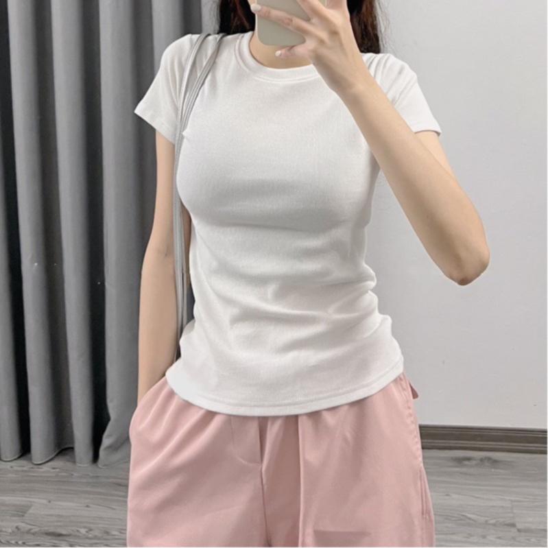 Áo Thun Baby Tee đen trắng chất Thun Gân Kiểu Co Dãn Ôm Body Cổ Tròn Tay Ngắn Dáng Dài ba196
