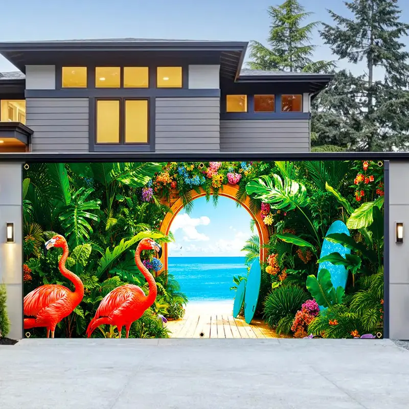 Flamingo & Tropical Plant Pattern Garage Door Banner, 1 Count Durable Garage Door Decoration, Home Decor Supplies for Farmhouse Party 4