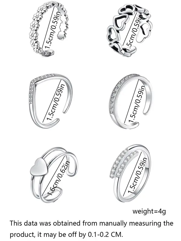Women's Rhinestone Decorated Toe Rings (6pcs), Adjustable Open Toe Rings for Women & Girls, for Party, Daily Clothing Decor, Birthday Gift, Toe Ring Jewelry 1