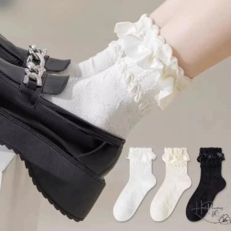 Tất Vớ Cổ Cao Nữ Tất Ren Ruy Băng LoLita Phong Cách Nhật Bản Viền Hoa TVH1487 Voan tất bồng tất trắng Voi