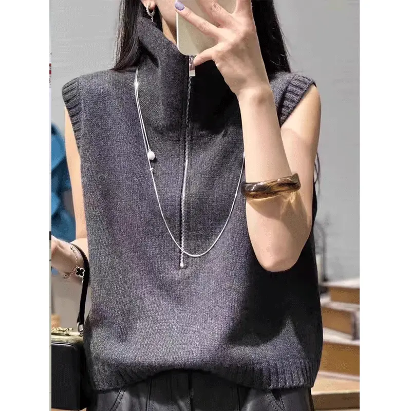 Áo Len Vest Cổ Lọ, Màu Xám Có Khóa Kéo, Hàng Mới Về Mùa Hè 2024, Thiết Kế Đẹp Cho Phụ Nữ, Phong Cách Thường Ngày Độc Đáo Áo Vest Dệt Kim Kem Top