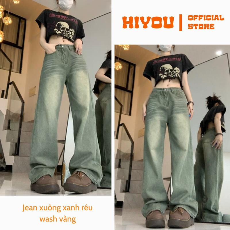 Quần jean nữ ống rộng xanh rêu wash vàng trẻ trung năng động phù hợp mọi outfit Women Pants Ong quần bò size xs quân jeannu quần xs quan jeansuong
