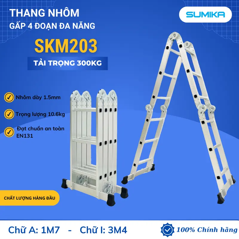 Thang nhôm gấp 4 đoạn SUMIKA SKM203, chữ A cao 1.7m, chữ I cao 3.4m, 14 tư thế sử dụng 0