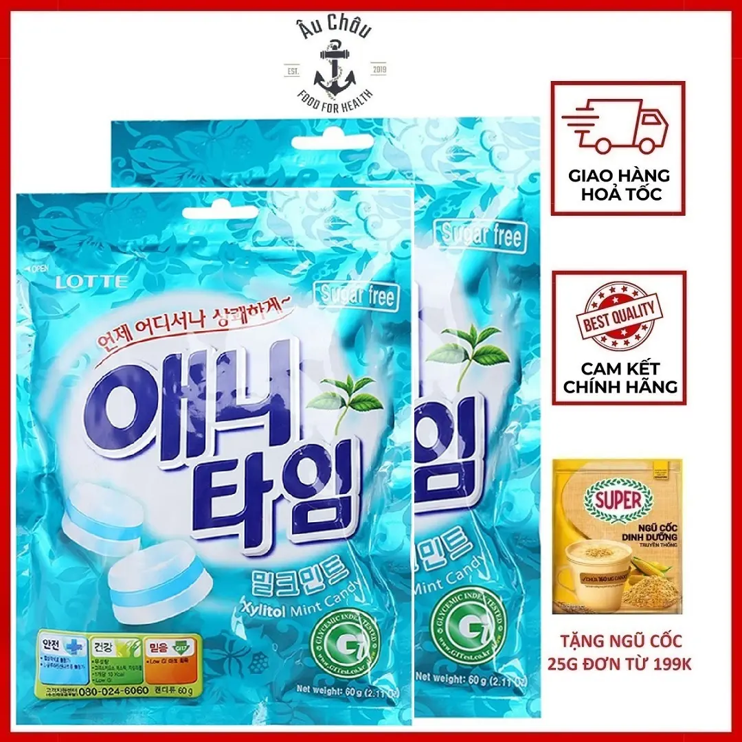 Combo 2 gói Kẹo Lotte Anytime Xylitol không đường hương bạc hà NK Hàn Quốc 60g ÂU CHÂU SHOP Ăn Vặt Snack
