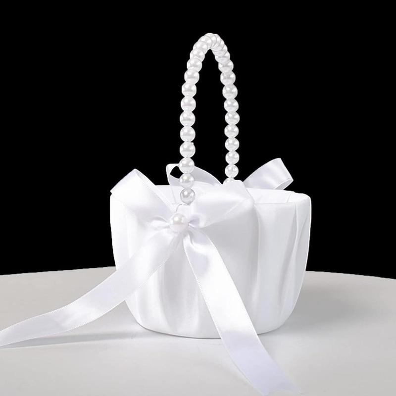 Product Introduction of Wedding Flower Basket, 1 Count Exquisite Faux Pearl Handle Flower Basket, Wedding Party Decoration Supplies for Indoor & Outdoor 5