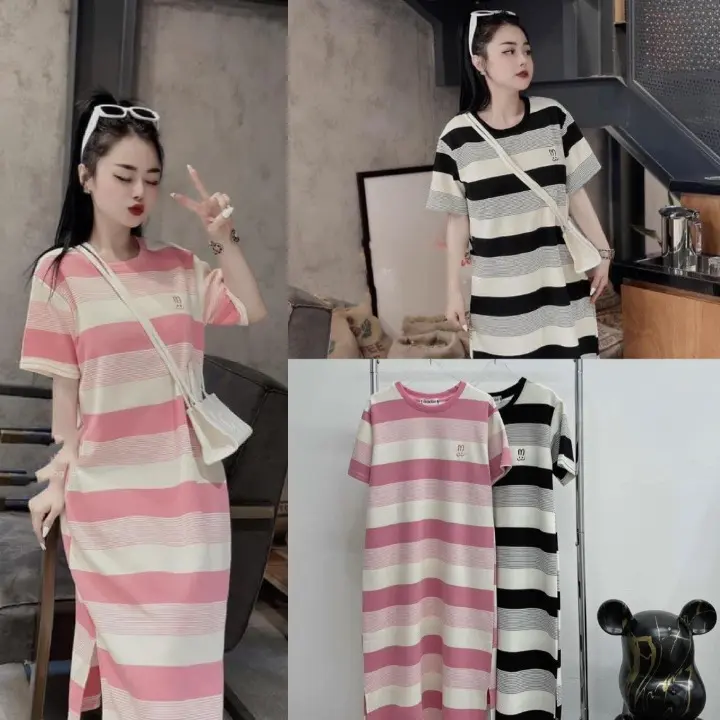 Váy suông cộc tay kẻ ngang in hình tai thỏ, đầm suông dáng dài 2 màu
