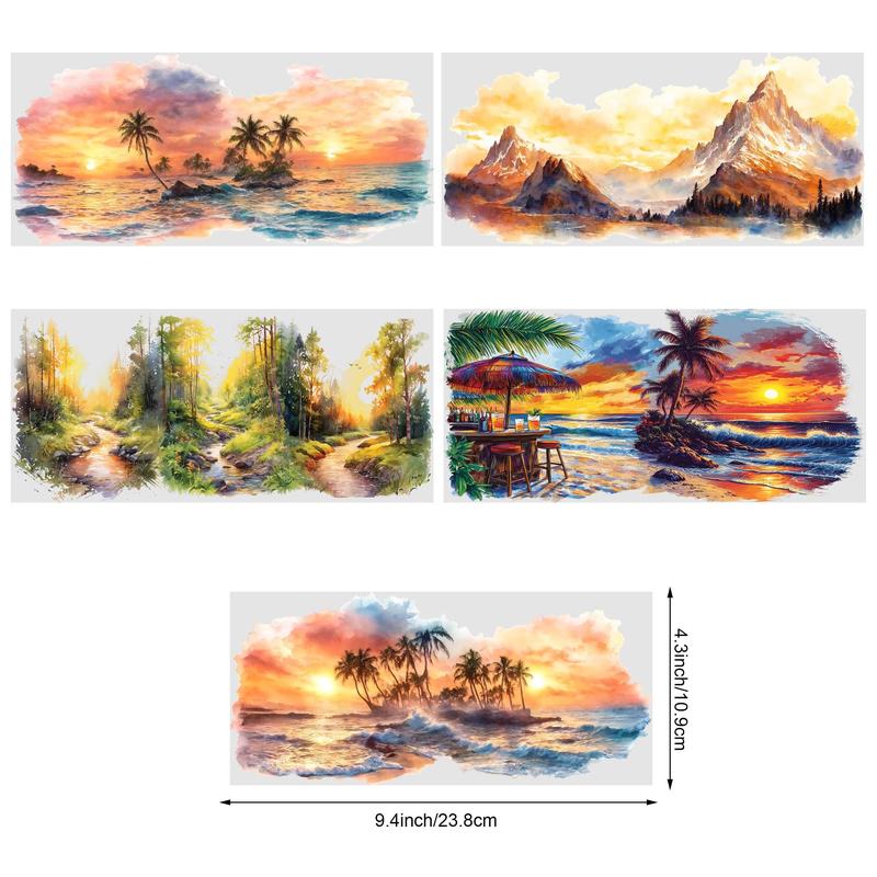 Product Introduction of Summer Sunset Pattern UV DTF Cup Sticker, 5 Counts/set Waterproof UV DTF Sticker, Decorative Sticker for 16oz Glass Cup, DIY, Furniture, Crafts 3