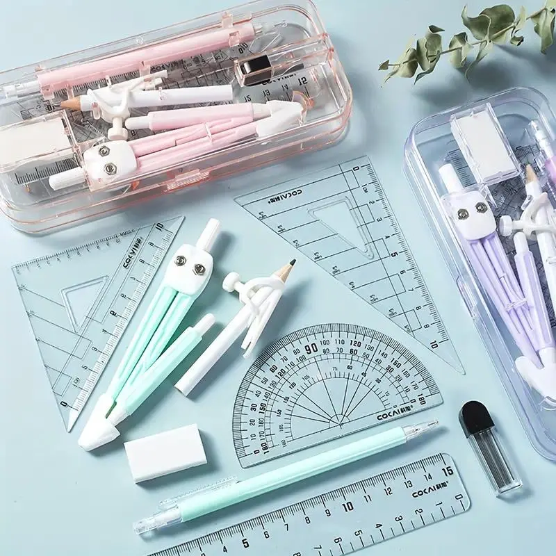 Set Alat Geometri Matematik, 9pcs / set, Termasuk Pembaris, Set Alat Tulis, Kompas Gabungan Pelbagai Fungsi, Pembaris Segitiga, Pembaris Segitiga, Pembaris Pelajar, Set Pembelajaran, Alat Lukisan Matematik