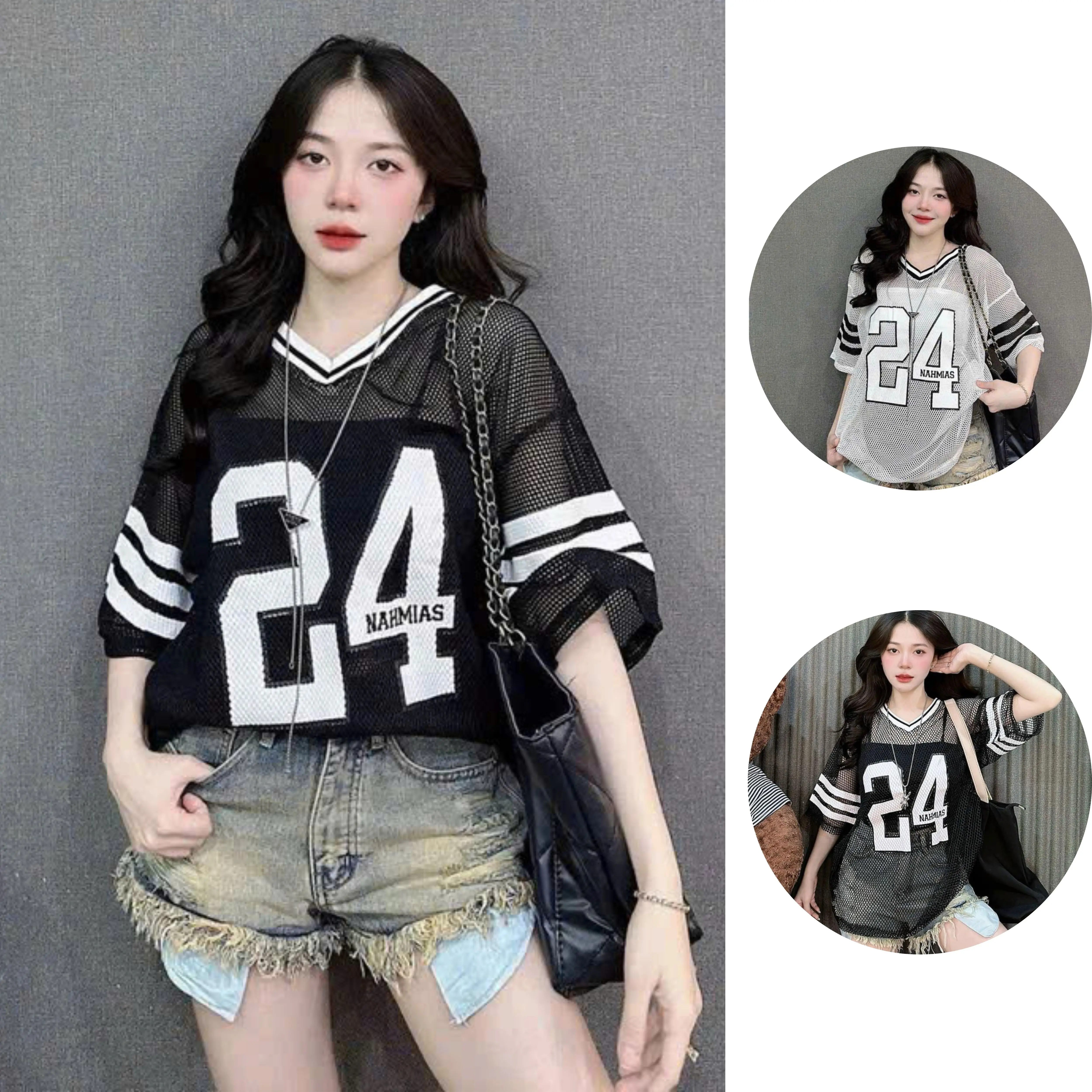 Áo lưới cổ tim viền đen thể thao số 24 form rộng năng động mùa hè kèm áo 2 dây [freesize]